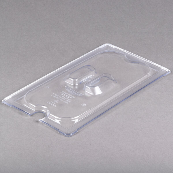 A clear plastic Vollrath Super Pan slotted lid.