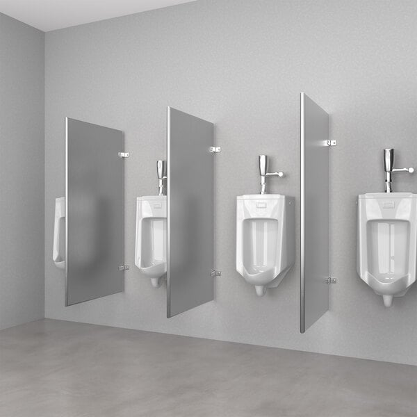 A row of Hadrian Solutions brushed stainless steel urinal partitions.