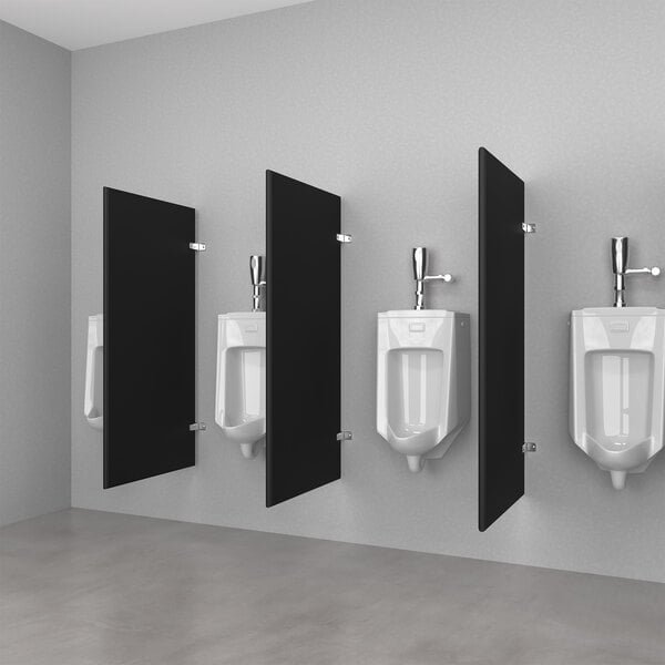 A row of black powder-coated steel urinal partitions over white urinals.