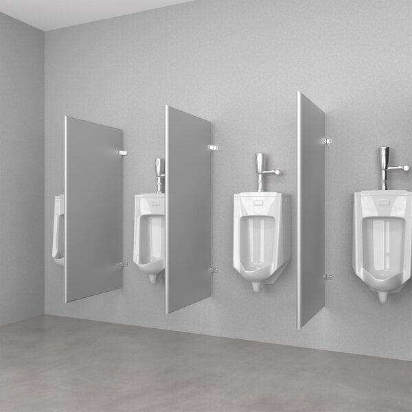 A light gray powder-coated steel Hadrian urinal partition with a rectangular window.