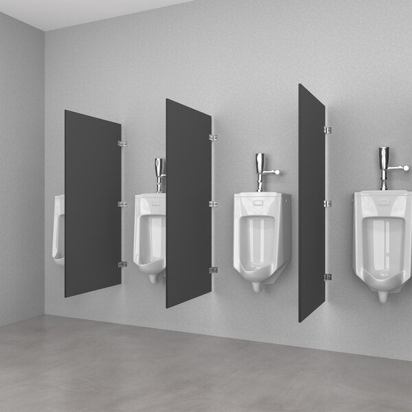 A row of Hadrian dark gray urinal partitions in a bathroom.