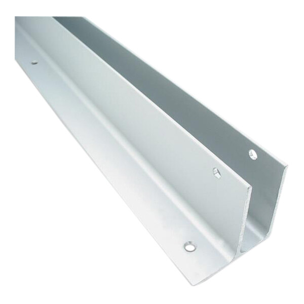 An aluminum mounting channel for HDPE urinal partitions with two holes in it.