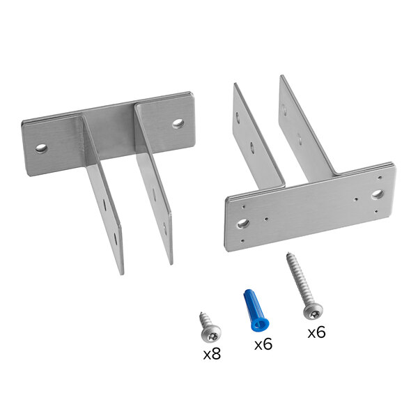 Two Hadrian stainless steel mounting brackets for phenolic urinal partitions with screws.