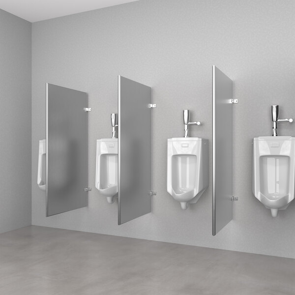 A row of Hadrian Solutions stainless steel urinal partitions.