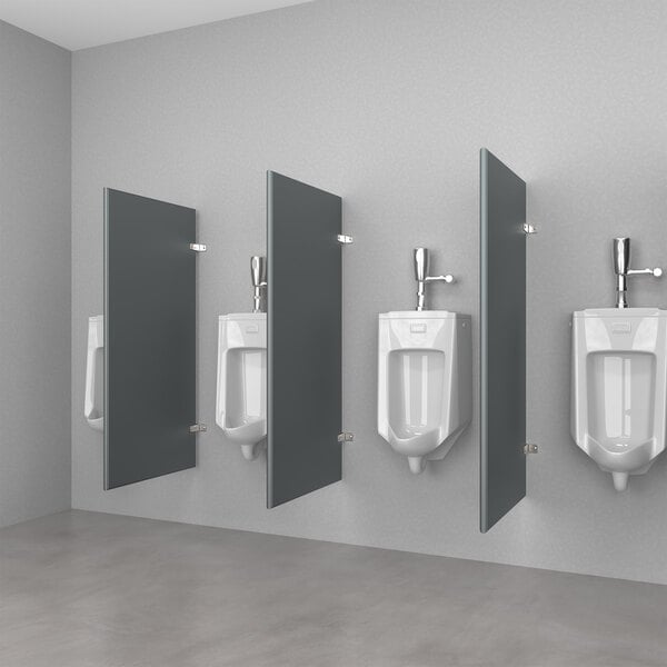 A row of Hadrian Solutions slate gray powder-coated steel urinal partitions.