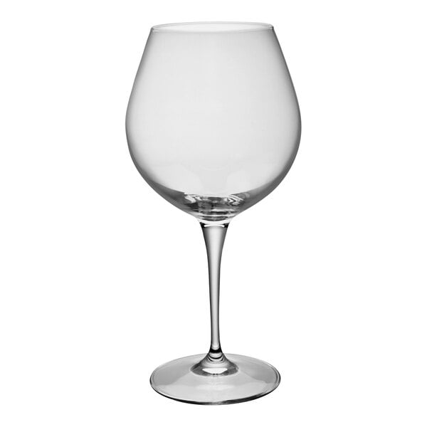 A close-up of a clear Bormioli Rocco wine glass with a stem.