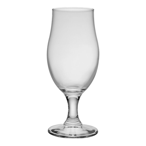 A clear Bormioli Rocco stemmed beer glass.