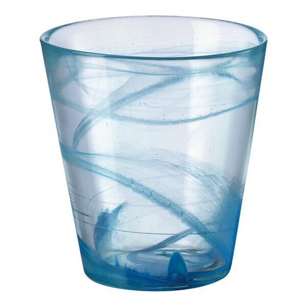 A Bormioli Rocco Capri Marina Blue water glass with a swirly design.