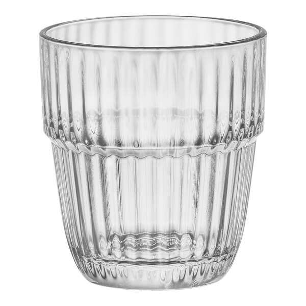 A Bormioli Rocco Barshine rocks glass with a ribbed rim.