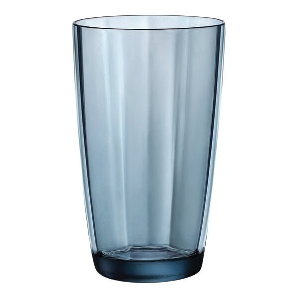 A clear glass with a black rim.