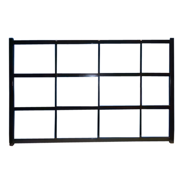 A close-up of a black metal rectangular security gate with a white background and black border.