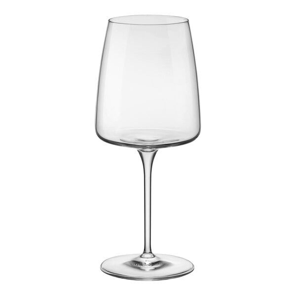 A close-up of a clear Bormioli Rocco Nexo red wine glass with a stem.