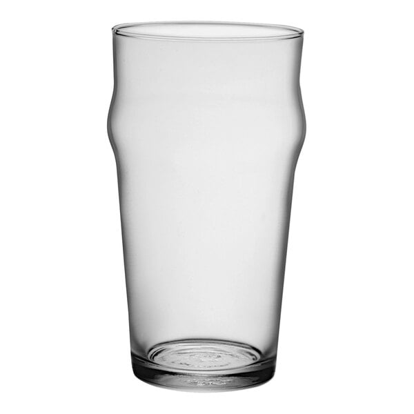 A clear Bormioli Rocco English Pub / Nonic glass with a curved rim.