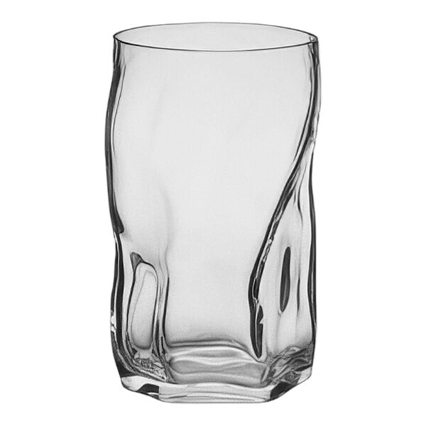 A clear Bormioli Rocco shot glass with a curved edge.