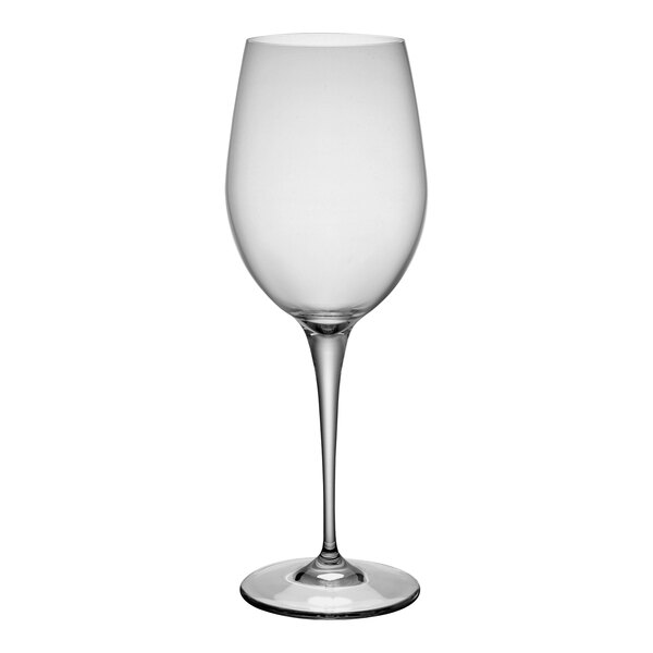 A close-up of a Bormioli Rocco clear wine glass with a long stem.