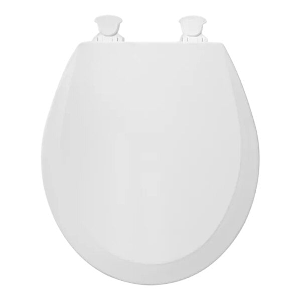 A Bemis white enameled wood toilet seat and lid.