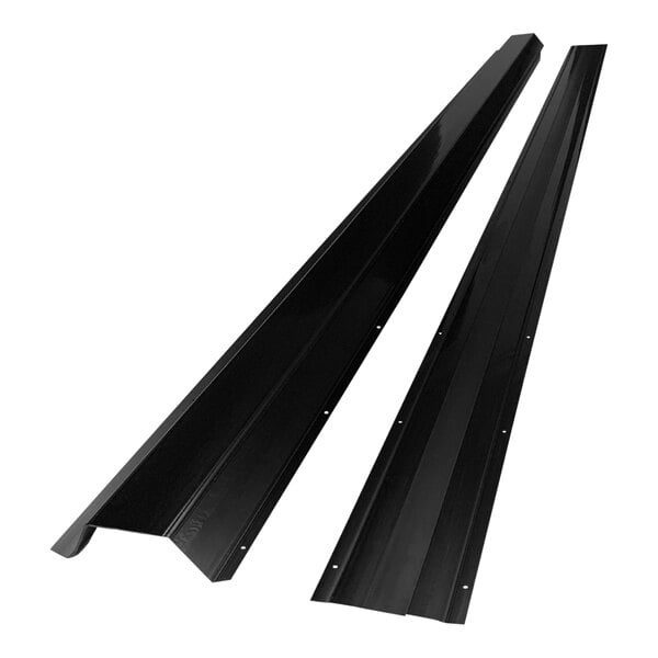 Two black metal L.A. Baby Fingershield door hinge guards with screws on a white background.