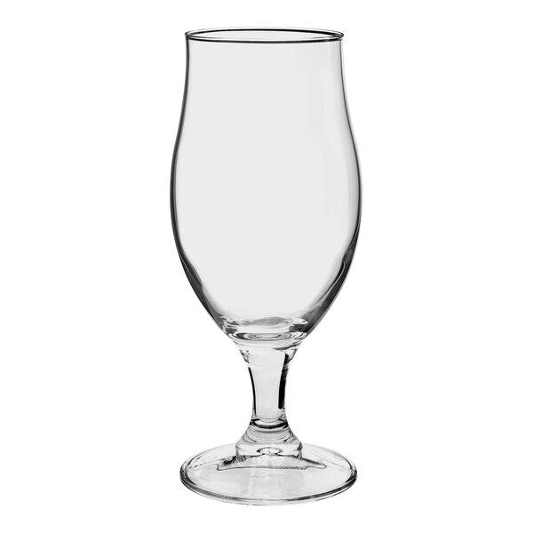 A clear Bormioli Rocco stemmed beer glass.