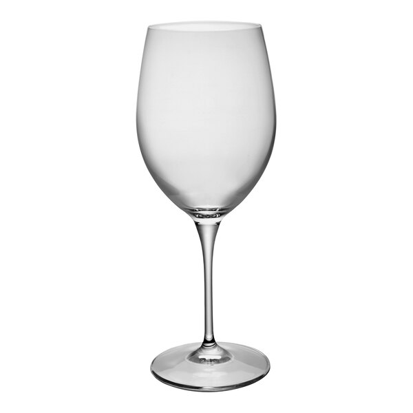 A close-up of a Bormioli Rocco white wine glass with a stem.