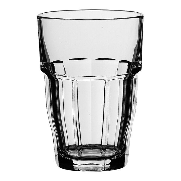 A Bormioli Rocco Rock Bar cooler glass with a black rim.