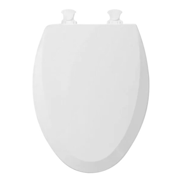 A Bemis white enameled wood toilet seat and lid with white easy clean hinges.