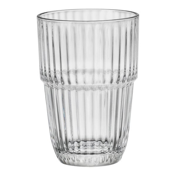 A clear Bormioli Rocco long drink glass with a thin rim.