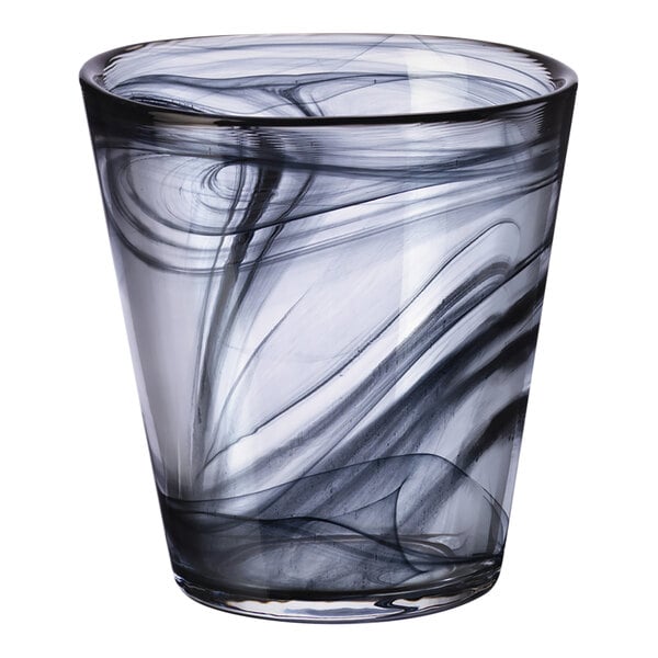 A Bormioli Rocco Capri water glass with a black and white swirl design.