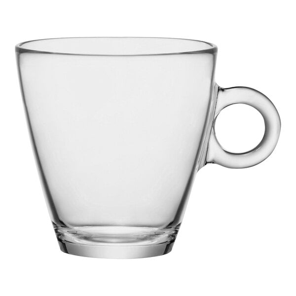 A Bormioli Rocco tempered glass coffee cup with a handle.