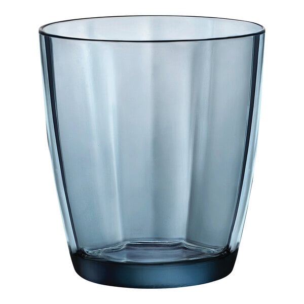 A clear Bormioli Rocco Pulsar double old fashioned glass with a blue rim.