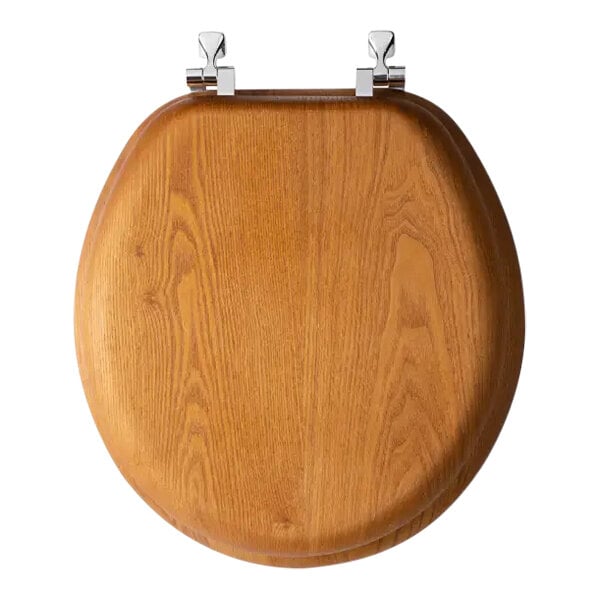 A wooden Mayfair toilet seat and lid with metal hinges.