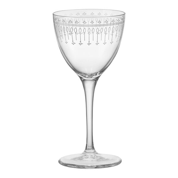 A Bormioli Rocco Novecento Nick and Nora glass with a design on it.