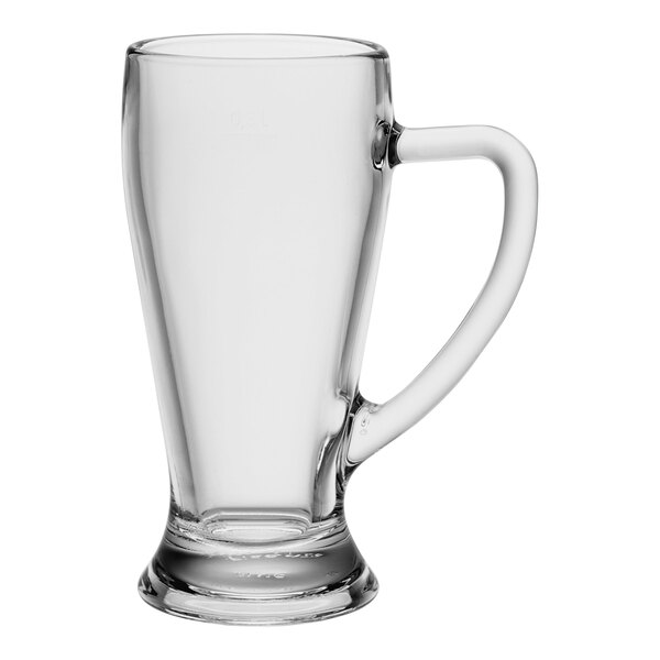 A clear glass beer mug with a handle.