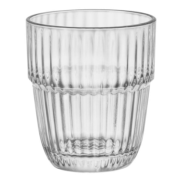 A clear glass Bormioli Rocco Barshine double old fashioned glass with a ribbed design.