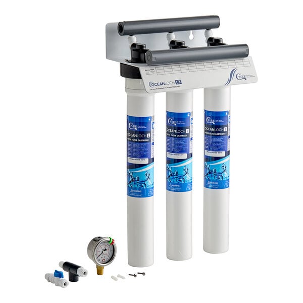 A group of blue and white C Pure Oceanloch-L3 water filters.