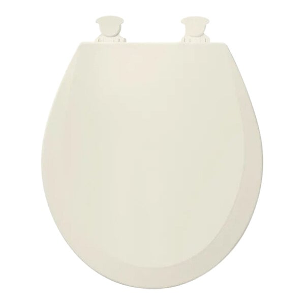 A Bemis round biscuit enameled wood toilet seat and lid on a white background.