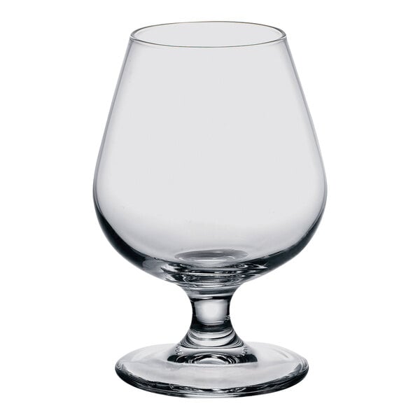 A clear Bormioli Rocco Riserva Cognac glass with a stem.