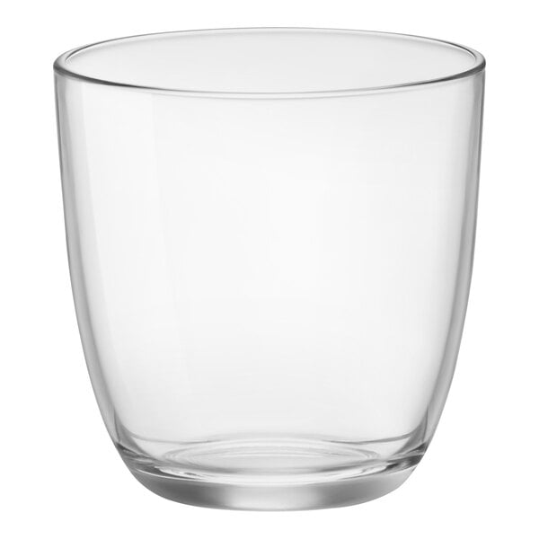 A Bormioli Rocco clear glass water cup.