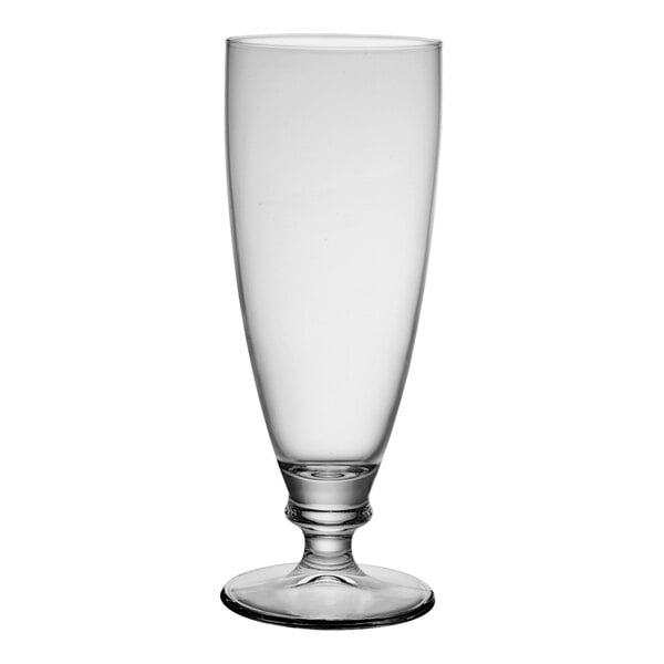 A clear Bormioli Rocco footed pilsner glass with a small base.