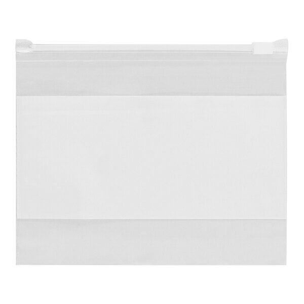A white bag with a white slider top with a white block for writing.
