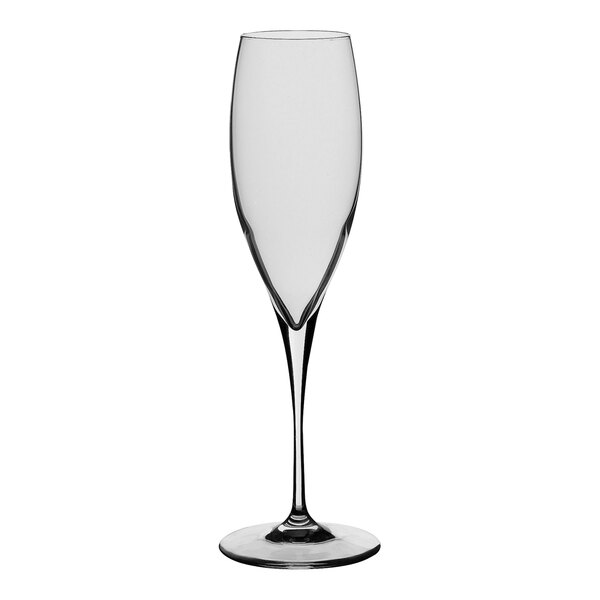 A clear Bormioli Rocco flute glass with a stem.