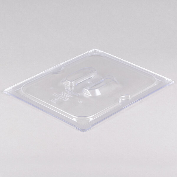 A clear plastic food pan lid with two handles.