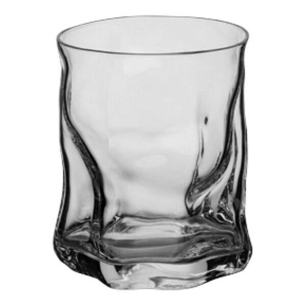A close-up of a Bormioli Rocco clear glass with a wavy design.