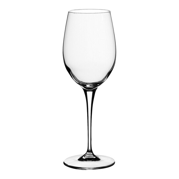 A close-up of a clear Bormioli Rocco Premium wine glass with a long stem.