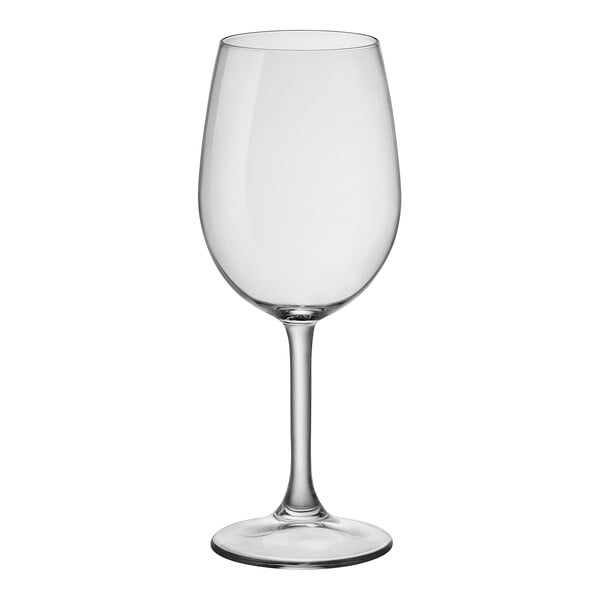 A close-up of a clear Bormioli Rocco Sara wine glass with a stem.