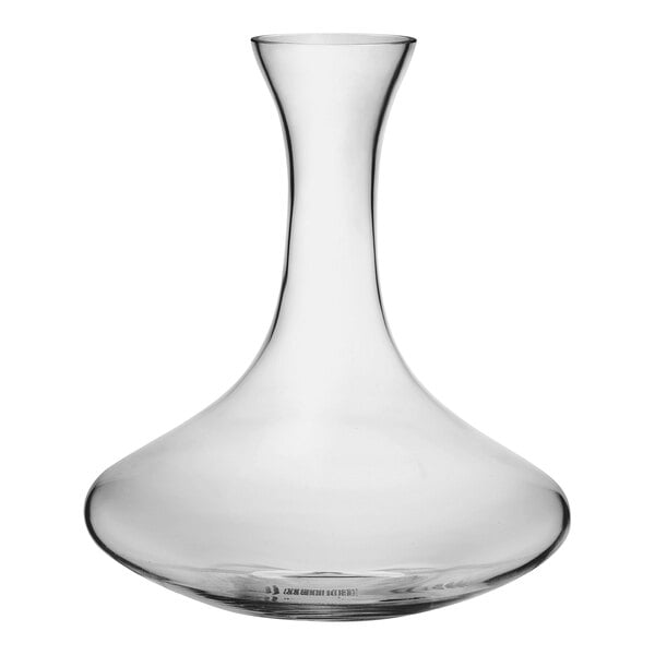 A clear glass decanter with a thin neck.