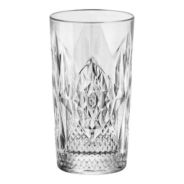 A Bormioli Rocco clear glass tumbler with a diamond pattern.