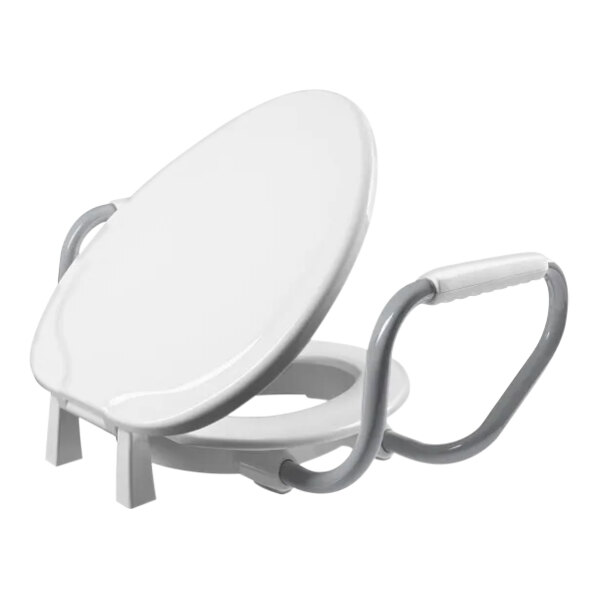 A white Bemis elongated toilet seat with metal support arms.