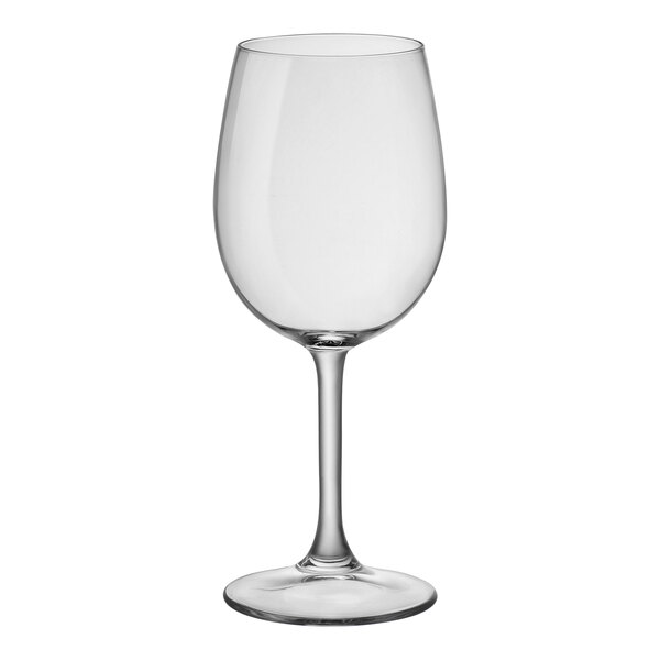 A close-up of a clear Bormioli Rocco Sara from Steelite International wine glass with a stem.