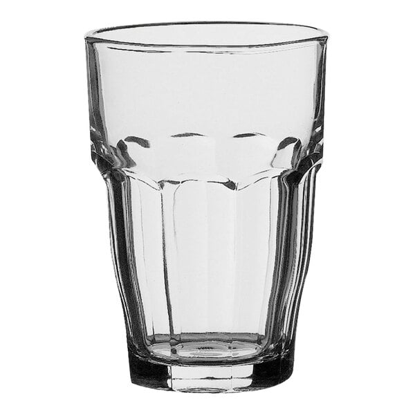 A Bormioli Rocco Rock Bar clear glass tumbler with a curved edge.
