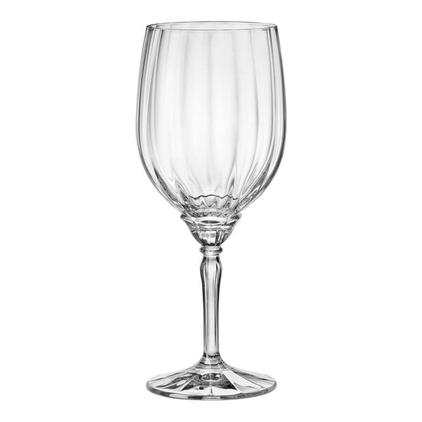 A close-up of a Bormioli Rocco Florian red wine glass with a clear stem.